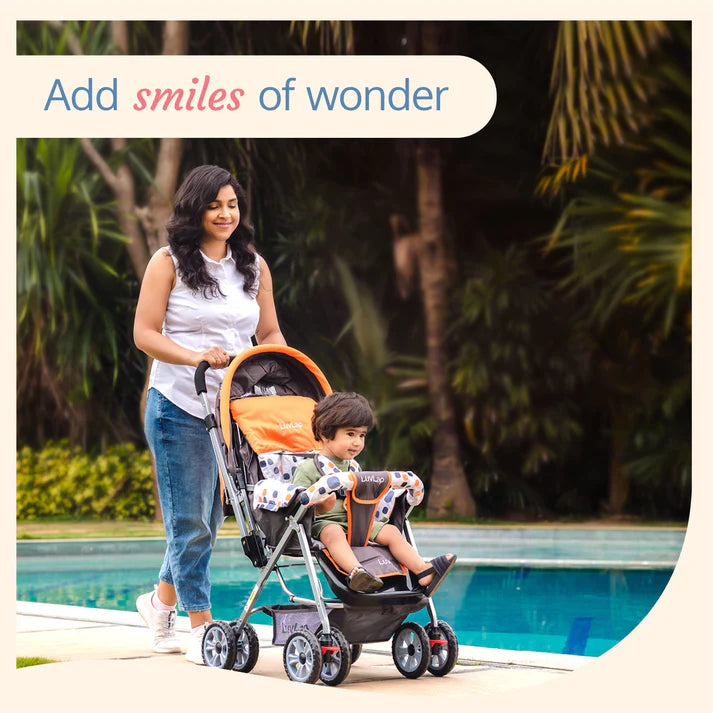 Bright and cheerful Luvlap Baby Stroller in a sunshine orange and grey color scheme, featuring a patterned seat, adjustable canopy, and sturdy frame. Ideal for comfortable and safe child outings. From uSmile.toys." www.usmile.toys